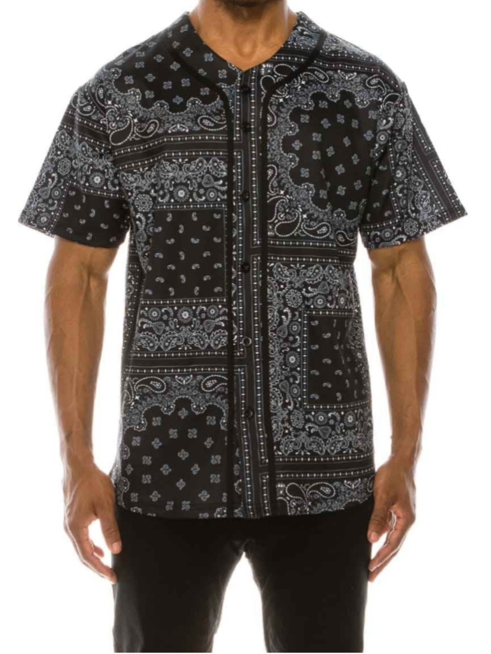 Victorious Black Baseball Jersey Bandana Paisley Button Down Shirt Men's L NWOT